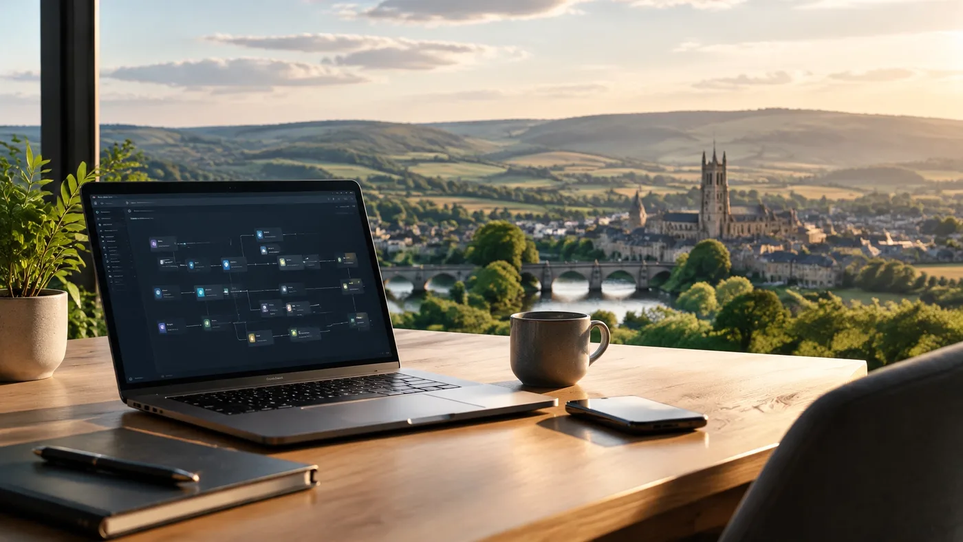 A laptop and notebook on a workspace overlooking the Gloucestershire countryside
